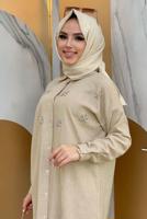 Tesettür giyim VİZON TAŞ DETAYLI DÜĞMELİ İKİLİ PANTOLONLU TAKIM T 4048