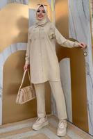 Tesettür giyim VİZON TAŞ DETAYLI DÜĞMELİ İKİLİ PANTOLONLU TAKIM T 4048