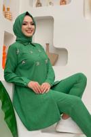 Tesettür giyim YEŞİL TAŞ DETAYLI DÜĞMELİ İKİLİ PANTOLONLU TAKIM T 4048