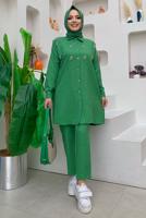 Tesettür giyim YEŞİL TAŞ DETAYLI DÜĞMELİ İKİLİ PANTOLONLU TAKIM T 4048
