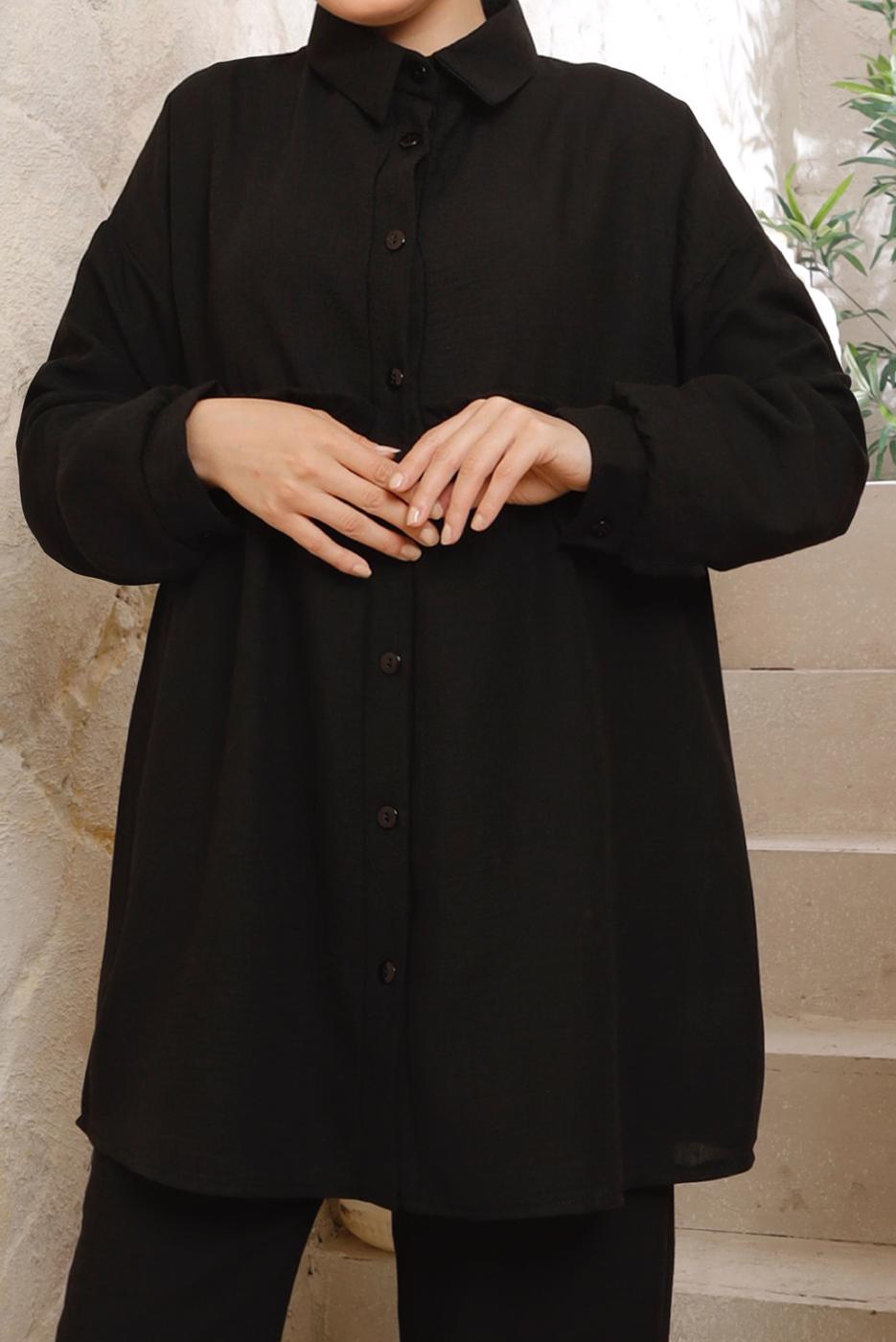 Tesettür giyim SİYAH ROBALI DÜĞMELİ PANTOLONLU TAKIM T 4133