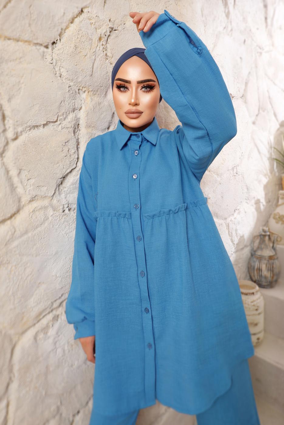 Tesettür giyim MAVİ ROBALI DÜĞMELİ PANTOLONLU TAKIM T 4133