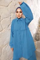 Tesettür giyim MAVİ ROBALI DÜĞMELİ PANTOLONLU TAKIM T 4133