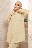 Tesettür giyim BEJ ROBALI DÜĞMELİ PANTOLONLU TAKIM T 4133