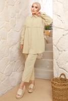 Tesettür giyim BEJ ROBALI DÜĞMELİ PANTOLONLU TAKIM T 4133