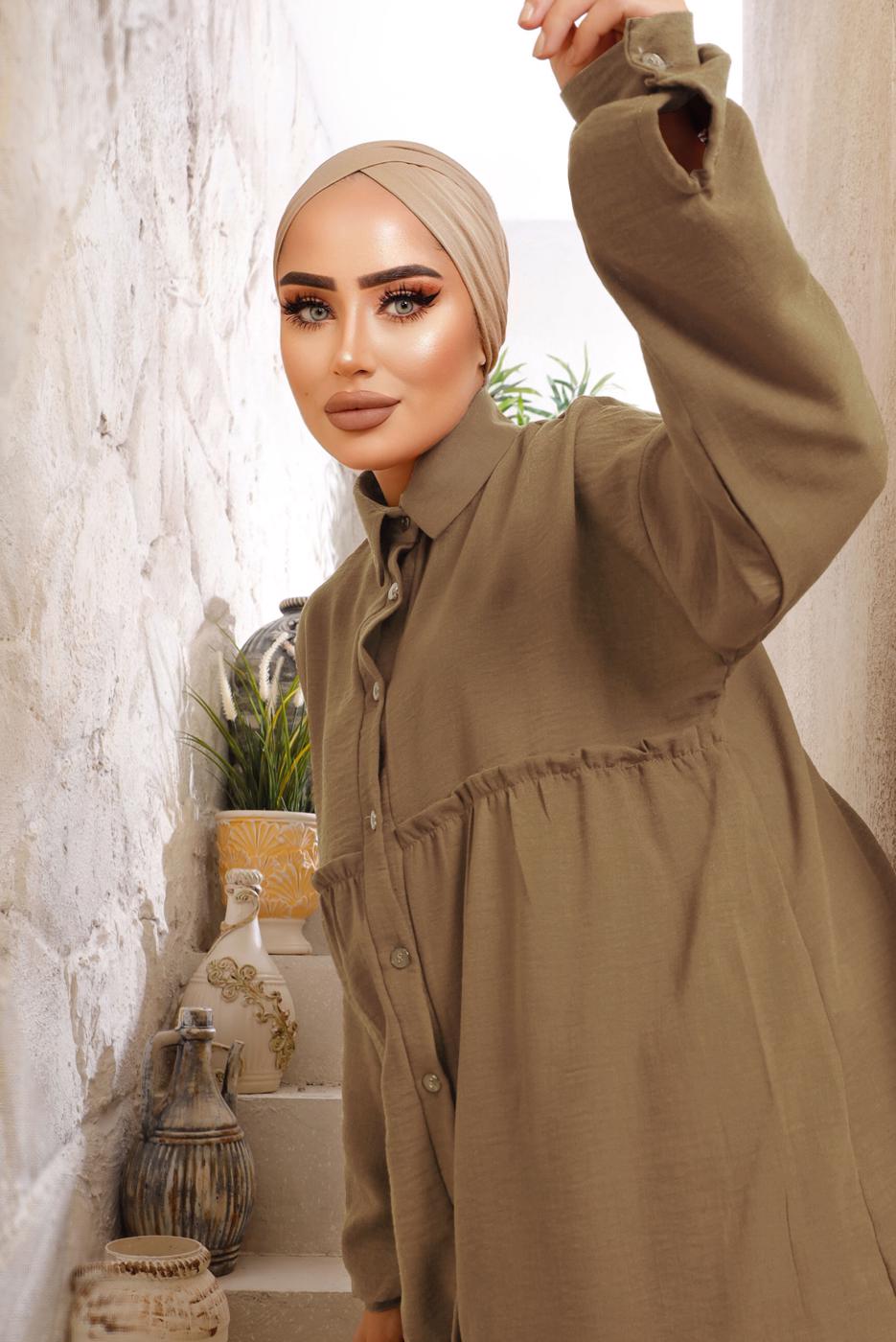 Tesettür giyim KAHVE ROBALI DÜĞMELİ PANTOLONLU TAKIM T 4133