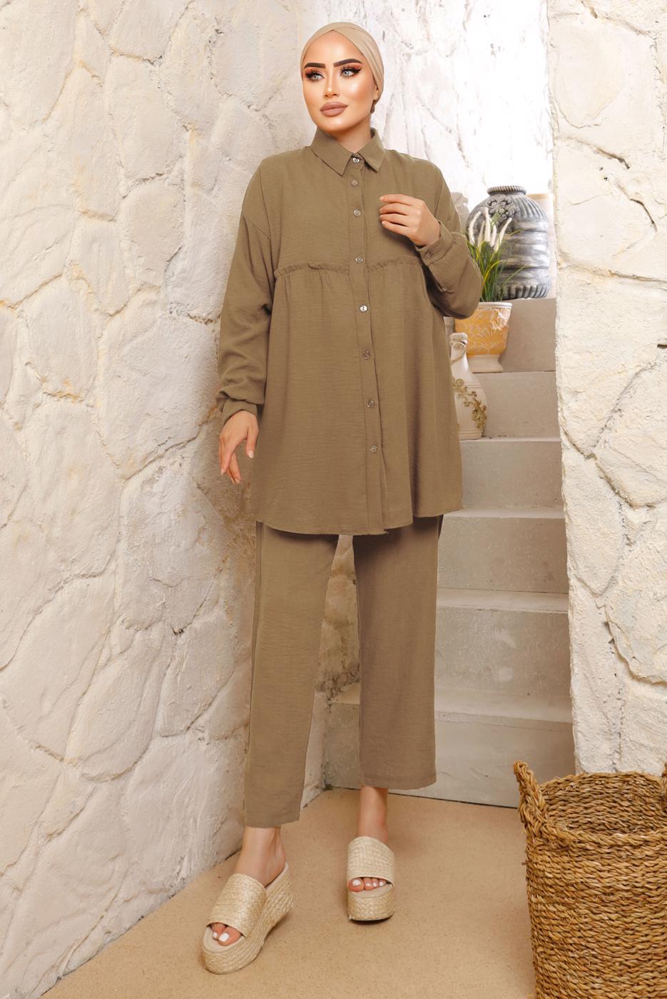 Tesettür giyim KAHVE ROBALI DÜĞMELİ PANTOLONLU TAKIM T 4133