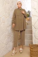 Tesettür giyim KAHVE ROBALI DÜĞMELİ PANTOLONLU TAKIM T 4133