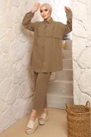Tesettür giyim KAHVE ROBALI DÜĞMELİ PANTOLONLU TAKIM T 4133