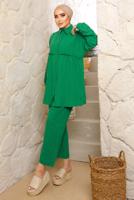 Tesettür giyim YEŞİL ROBALI DÜĞMELİ PANTOLONLU TAKIM T 4133