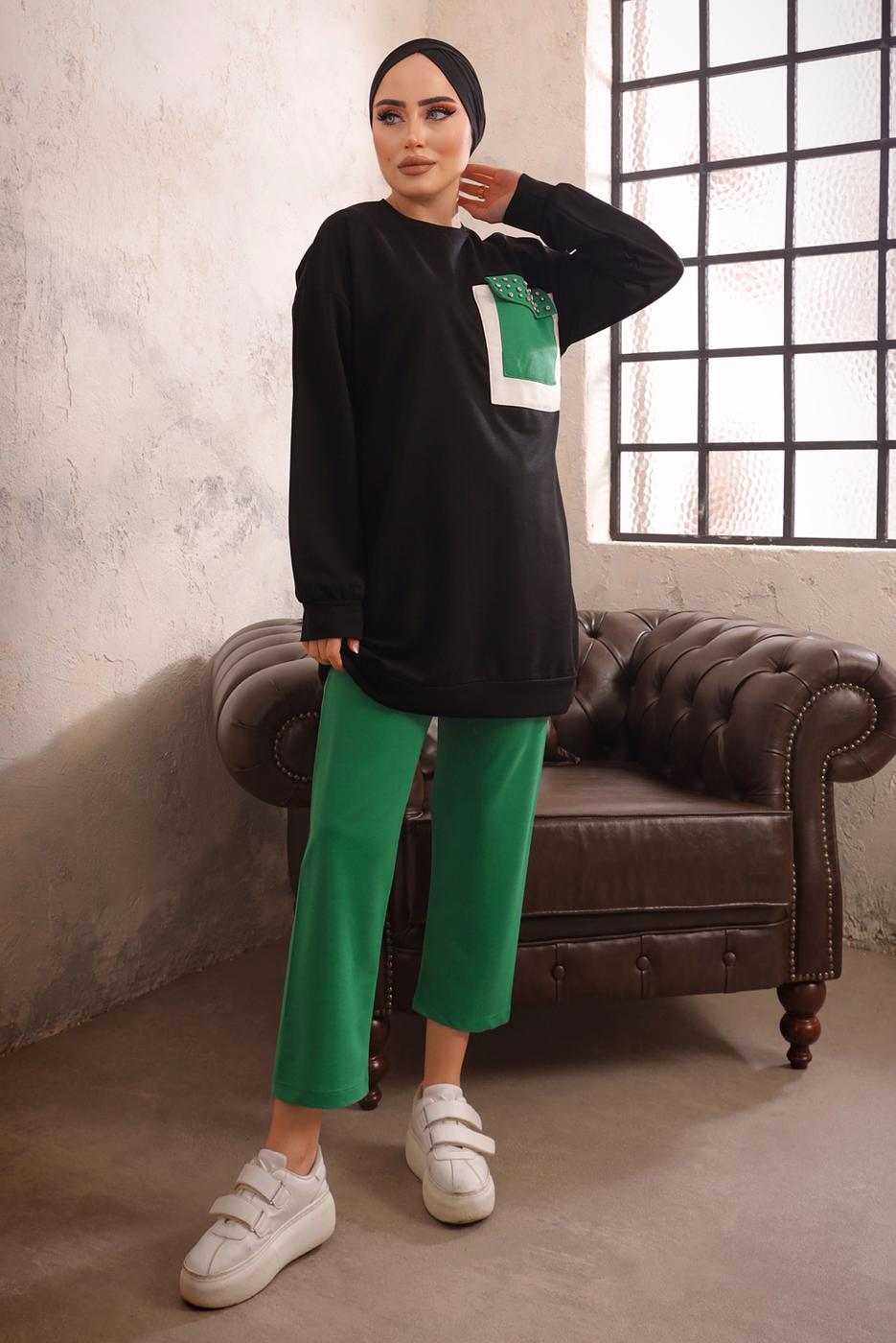 Tesettür giyim YEŞİL CEBİ TAŞ DETAYLI İKİLİ PANTOLONLU TAKIM T 4192