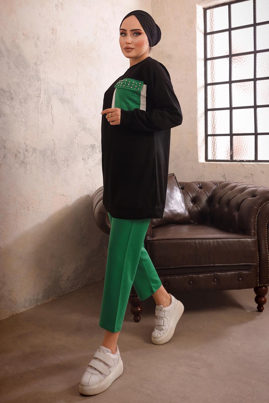 Tesettür giyim YEŞİL CEBİ TAŞ DETAYLI İKİLİ PANTOLONLU TAKIM T 4192