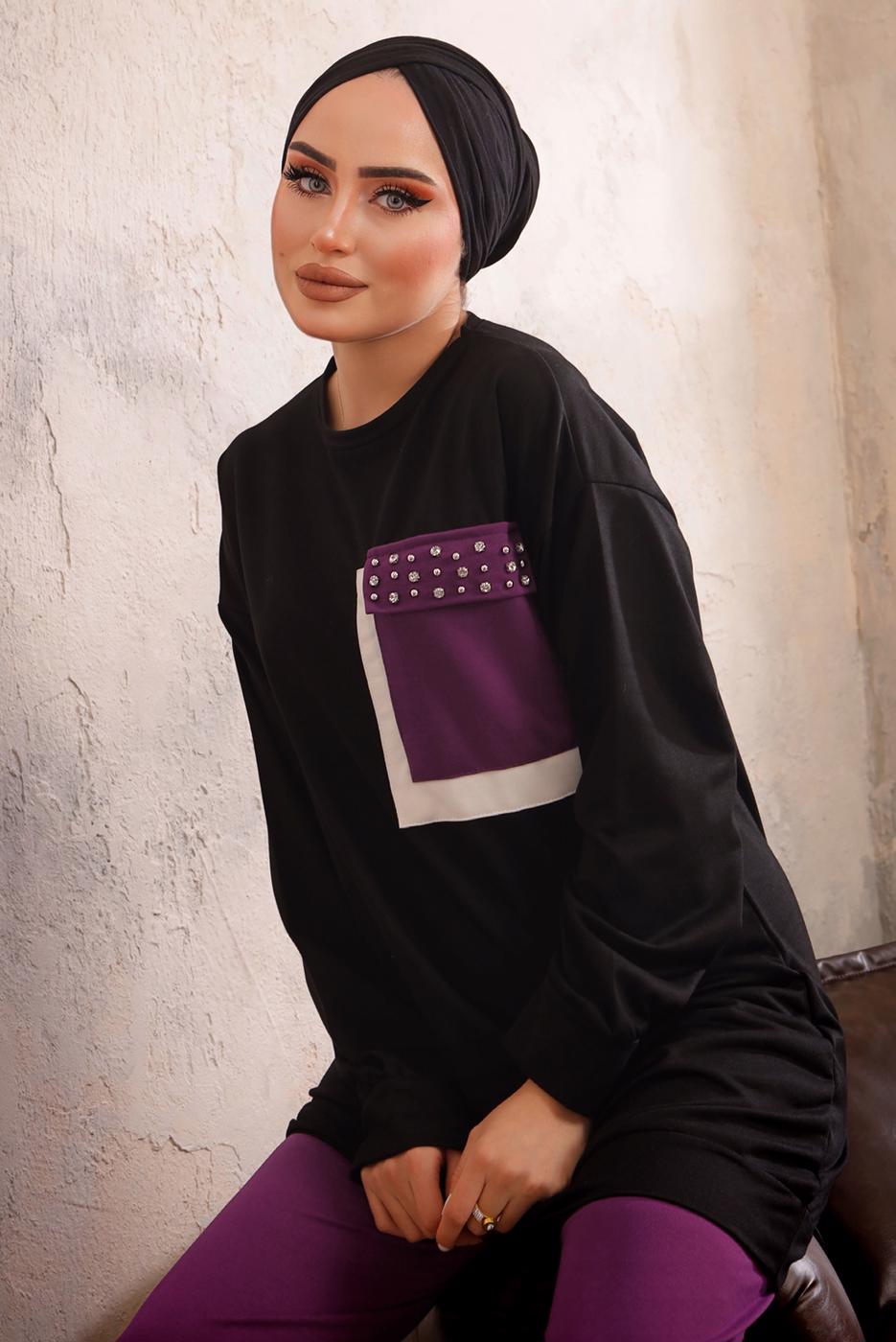 Tesettür giyim SİYAH CEBİ TAŞ DETAYLI İKİLİ PANTOLONLU TAKIM T 4192