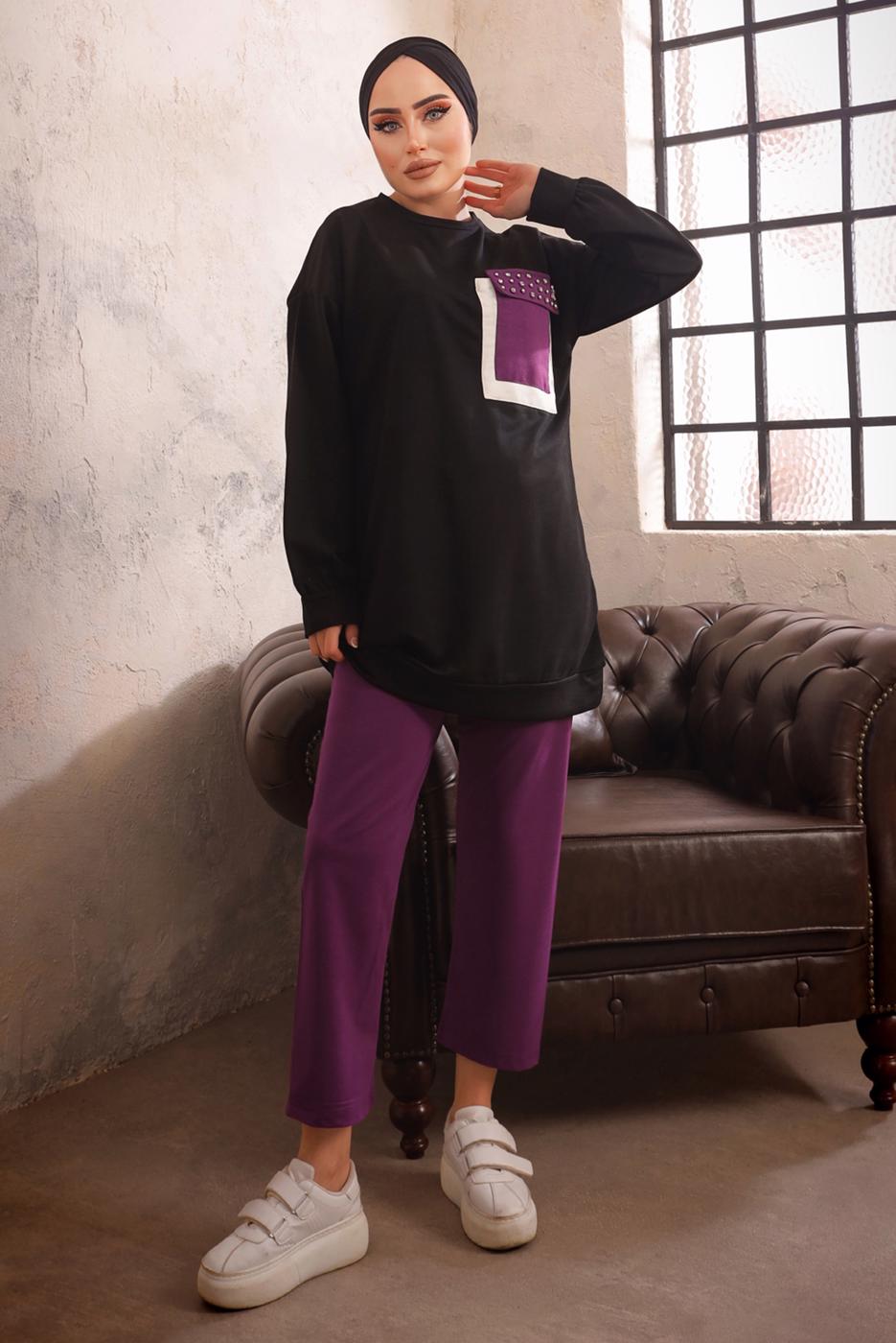 Tesettür giyim SİYAH CEBİ TAŞ DETAYLI İKİLİ PANTOLONLU TAKIM T 4192