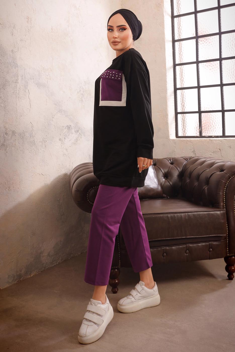 Tesettür giyim SİYAH CEBİ TAŞ DETAYLI İKİLİ PANTOLONLU TAKIM T 4192