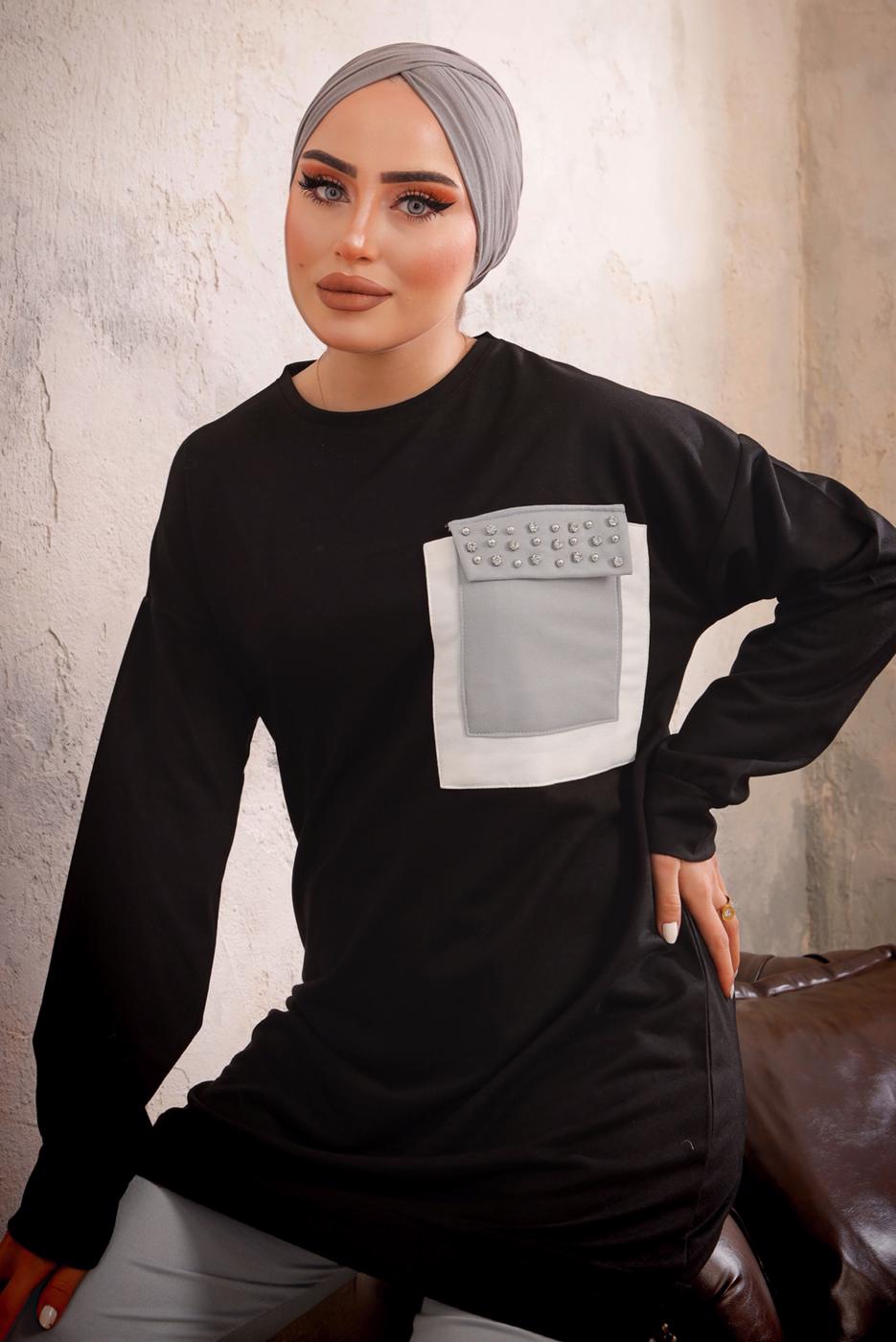 Tesettür giyim SİYAH CEBİ TAŞ DETAYLI İKİLİ PANTOLONLU TAKIM T 4192
