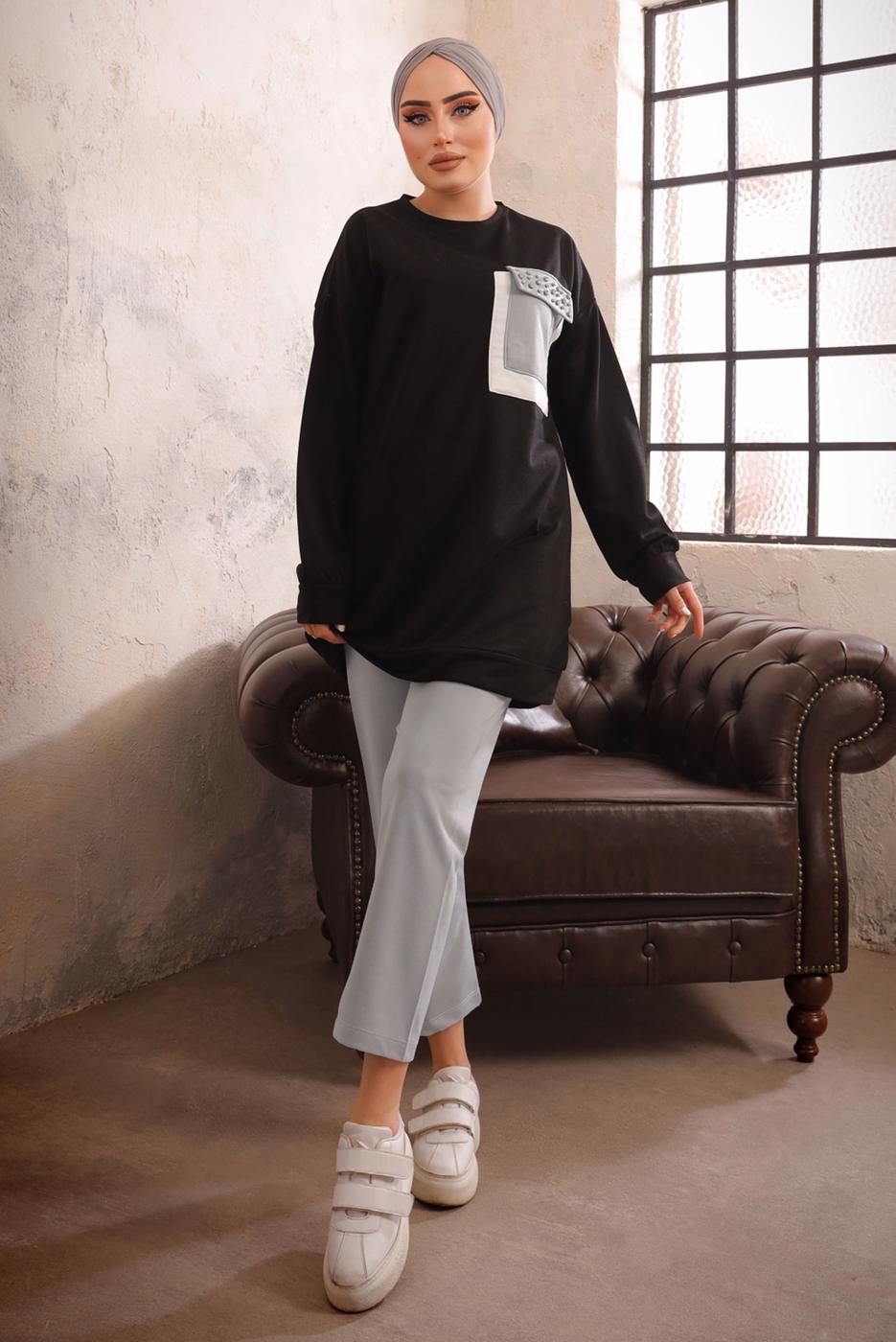 Tesettür giyim SİYAH CEBİ TAŞ DETAYLI İKİLİ PANTOLONLU TAKIM T 4192