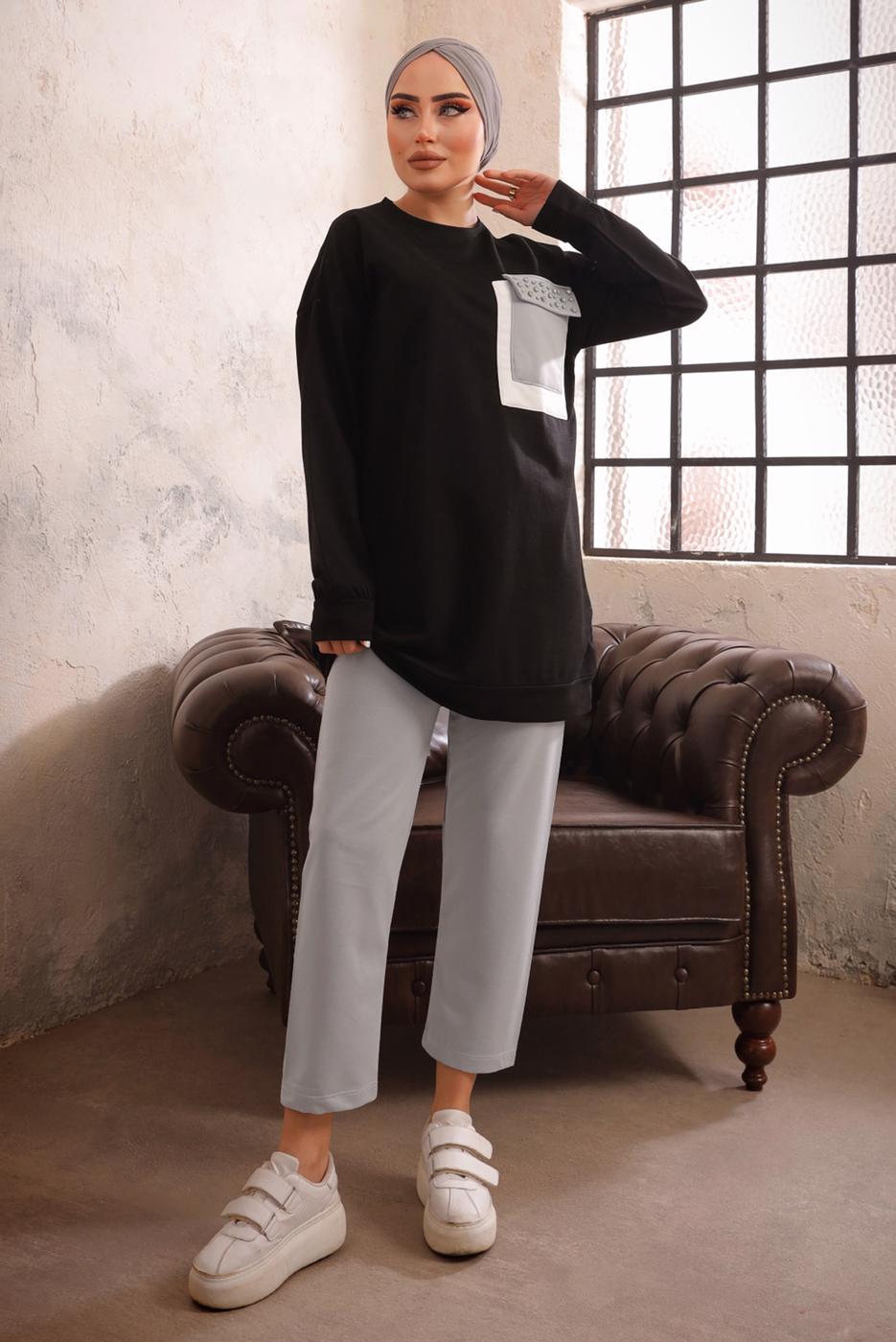 Tesettür giyim SİYAH CEBİ TAŞ DETAYLI İKİLİ PANTOLONLU TAKIM T 4192