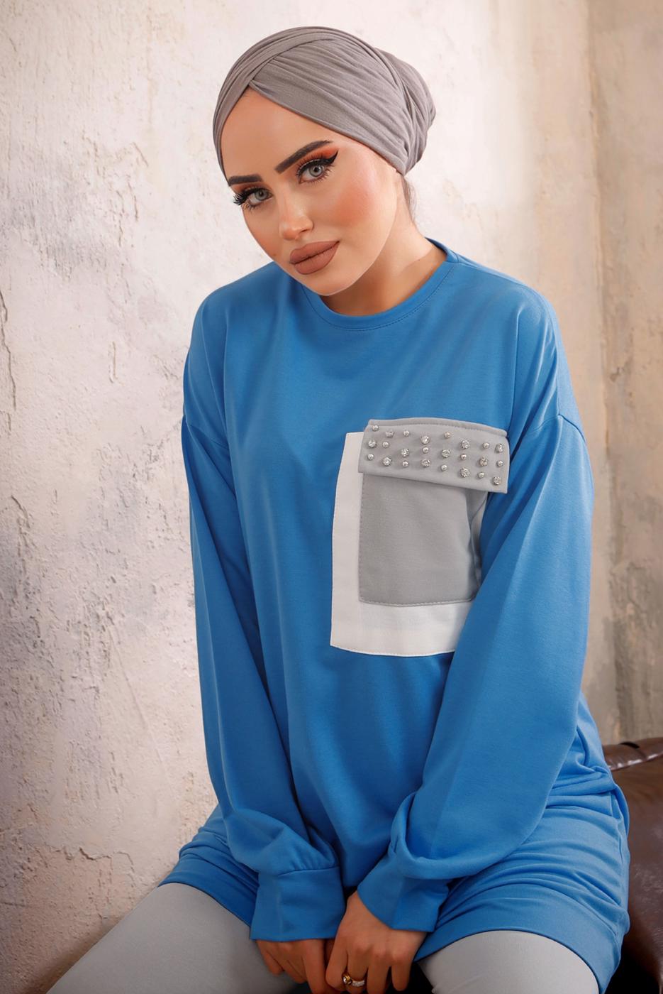 Tesettür giyim MAVİ CEBİ TAŞ DETAYLI İKİLİ PANTOLONLU TAKIM T 4192