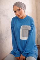 Tesettür giyim MAVİ CEBİ TAŞ DETAYLI İKİLİ PANTOLONLU TAKIM T 4192