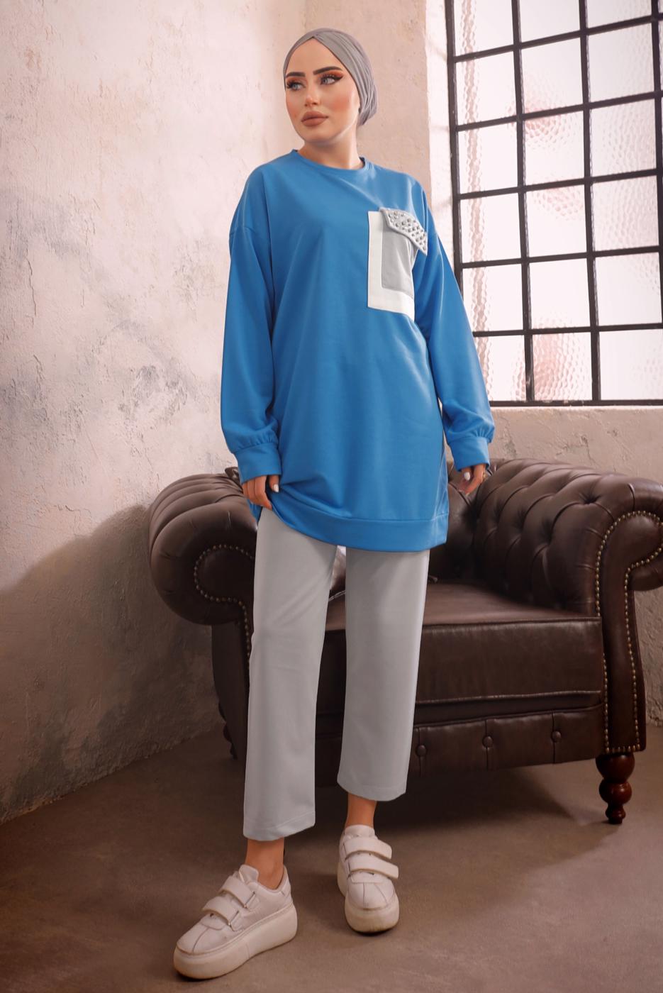 Tesettür giyim MAVİ CEBİ TAŞ DETAYLI İKİLİ PANTOLONLU TAKIM T 4192