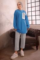 Tesettür giyim MAVİ CEBİ TAŞ DETAYLI İKİLİ PANTOLONLU TAKIM T 4192