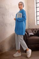 Tesettür giyim MAVİ CEBİ TAŞ DETAYLI İKİLİ PANTOLONLU TAKIM T 4192