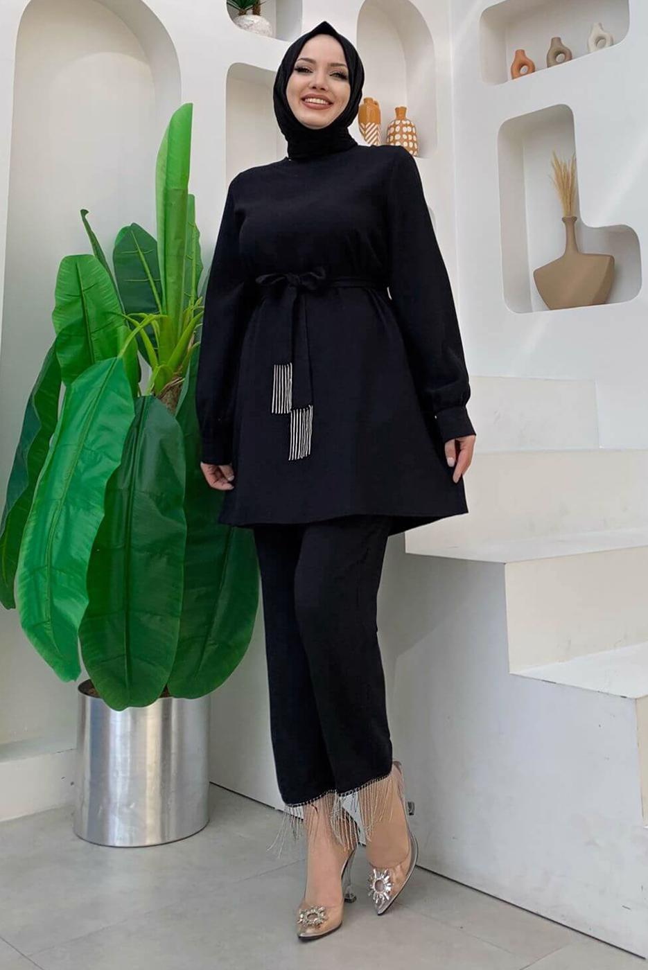 Tesettür giyim SİYAH ZİNCİR DETAYLI PANTOLONLU TAKIM T 4248