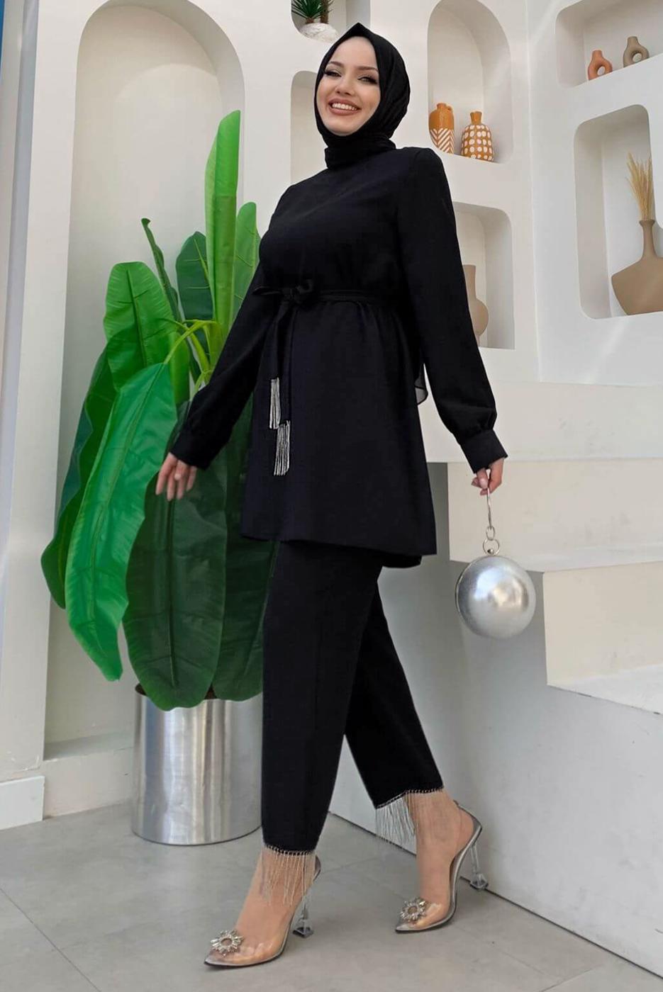 Tesettür giyim SİYAH ZİNCİR DETAYLI PANTOLONLU TAKIM T 4248