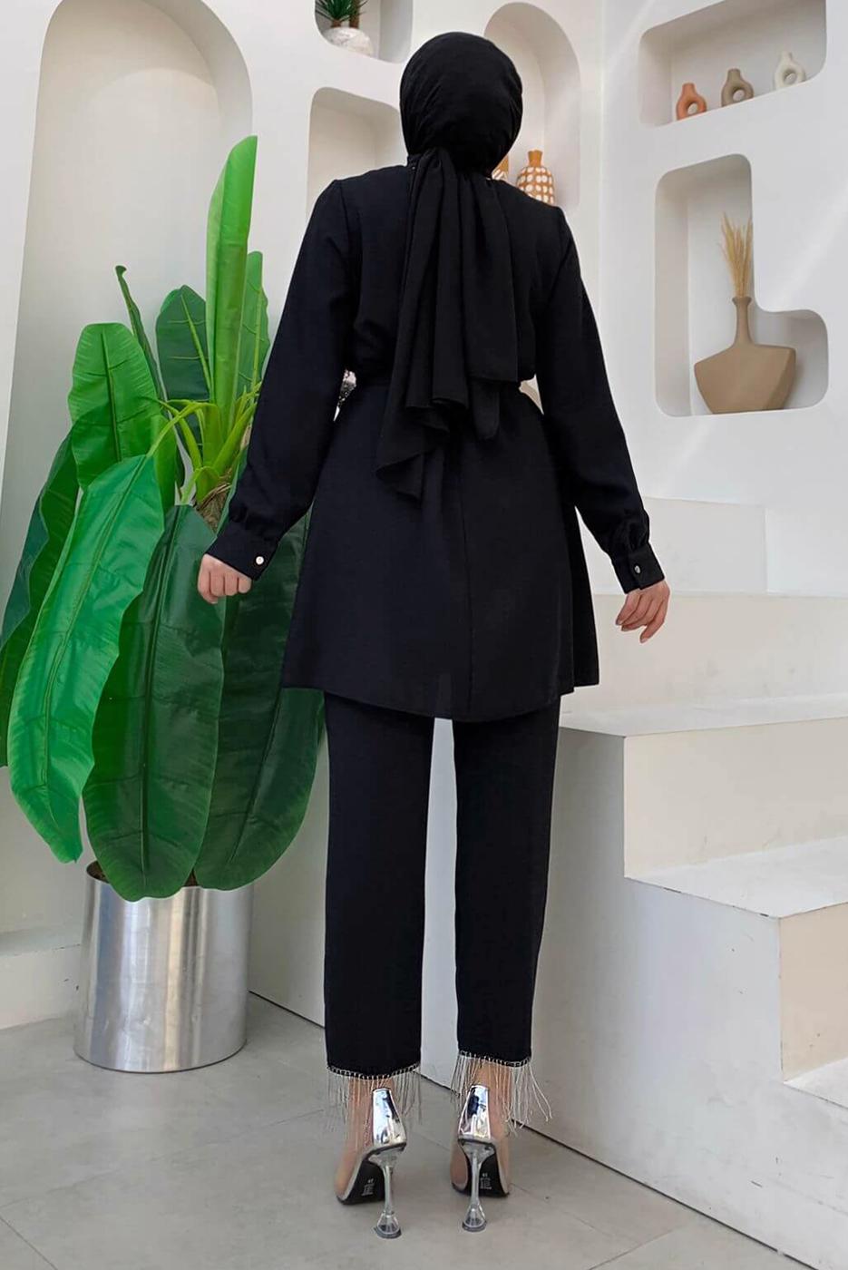 Tesettür giyim SİYAH ZİNCİR DETAYLI PANTOLONLU TAKIM T 4248