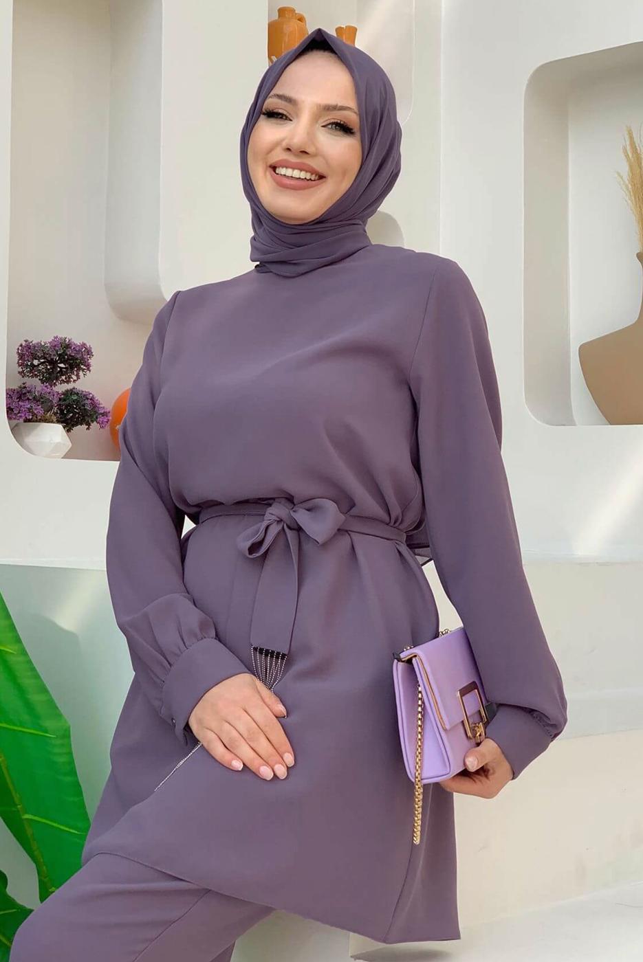 Tesettür giyim MOR ZİNCİR DETAYLI PANTOLONLU TAKIM T 4248