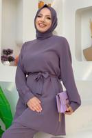 Tesettür giyim MOR ZİNCİR DETAYLI PANTOLONLU TAKIM T 4248