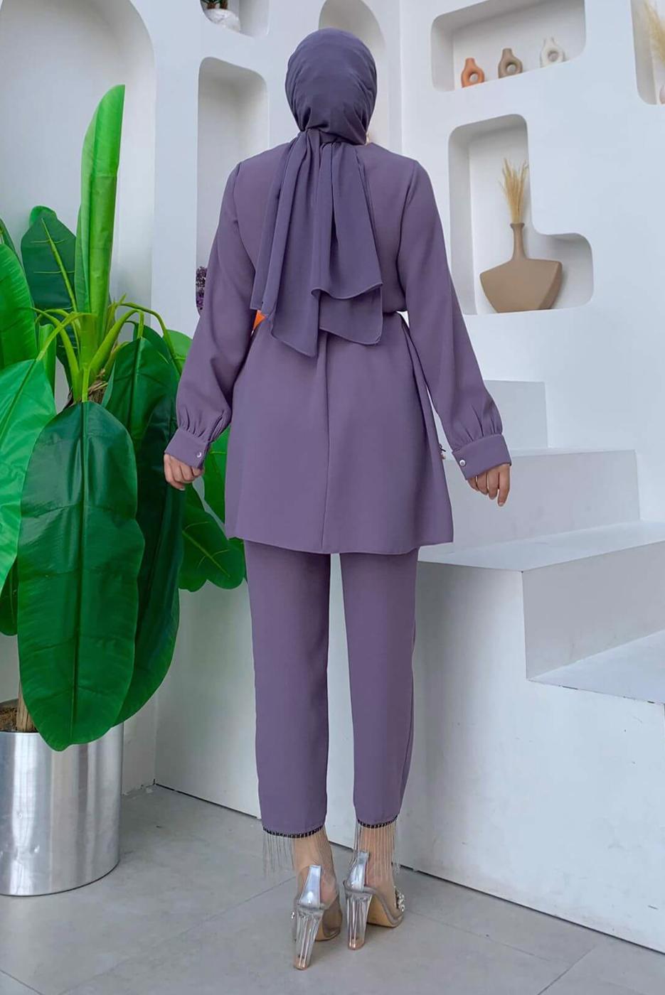 Tesettür giyim MOR ZİNCİR DETAYLI PANTOLONLU TAKIM T 4248