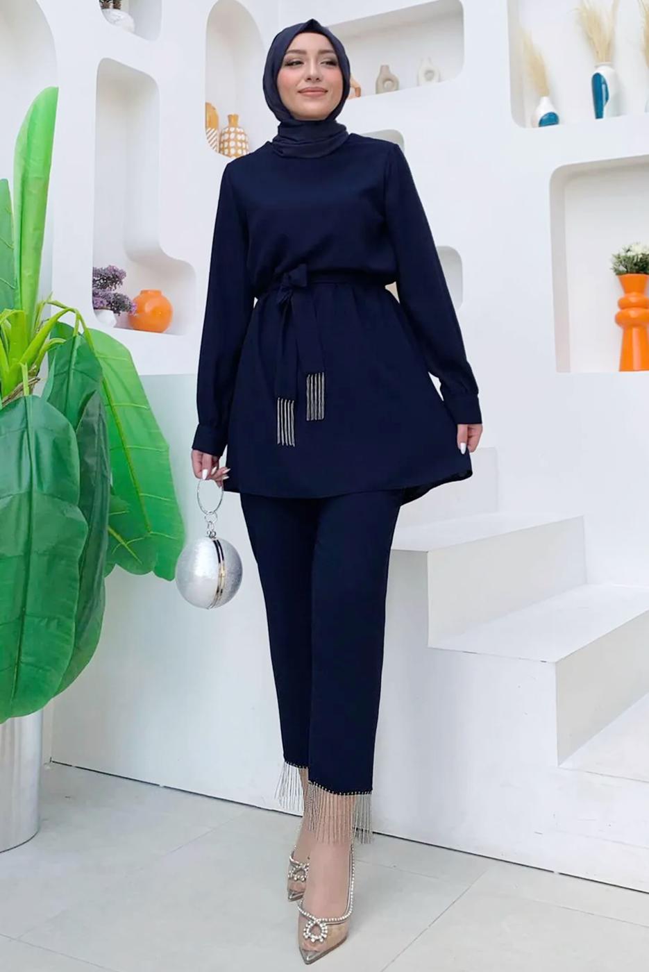 Tesettür giyim LACİVERT ZİNCİR DETAYLI PANTOLONLU TAKIM T 4248