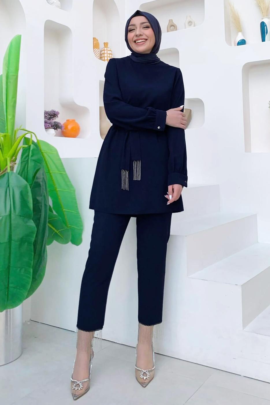 Tesettür giyim LACİVERT ZİNCİR DETAYLI PANTOLONLU TAKIM T 4248