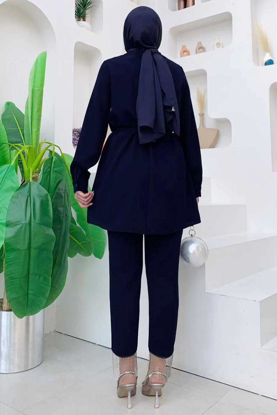 Tesettür giyim LACİVERT ZİNCİR DETAYLI PANTOLONLU TAKIM T 4248