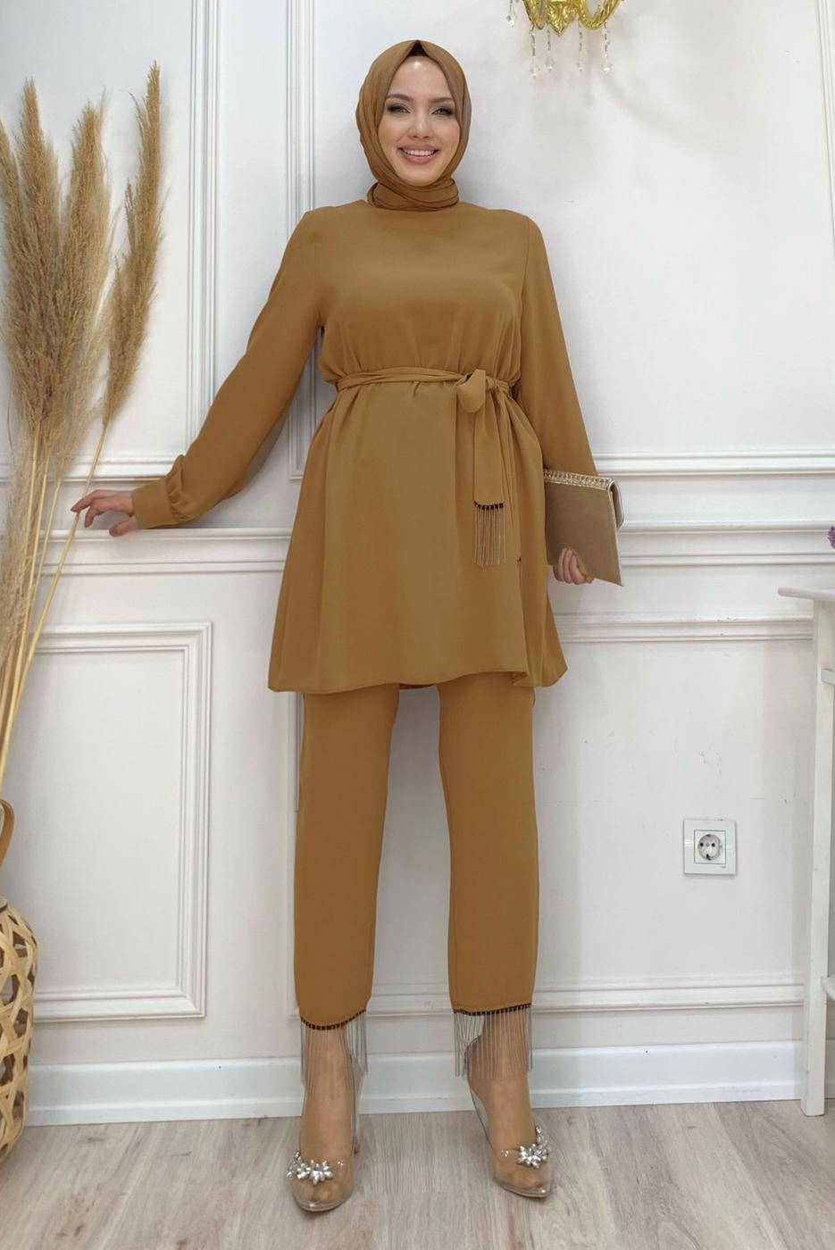 Tesettür giyim TABA ZİNCİR DETAYLI PANTOLONLU TAKIM T 4248