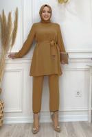 Tesettür giyim TABA ZİNCİR DETAYLI PANTOLONLU TAKIM T 4248