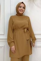 Tesettür giyim TABA ZİNCİR DETAYLI PANTOLONLU TAKIM T 4248