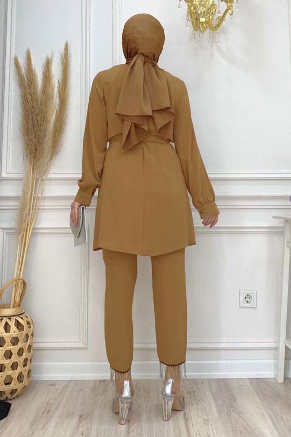 Tesettür giyim TABA ZİNCİR DETAYLI PANTOLONLU TAKIM T 4248