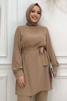 Tesettür giyim VİZON ZİNCİR DETAYLI PANTOLONLU TAKIM T 4248