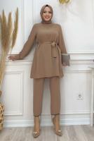 Tesettür giyim VİZON ZİNCİR DETAYLI PANTOLONLU TAKIM T 4248