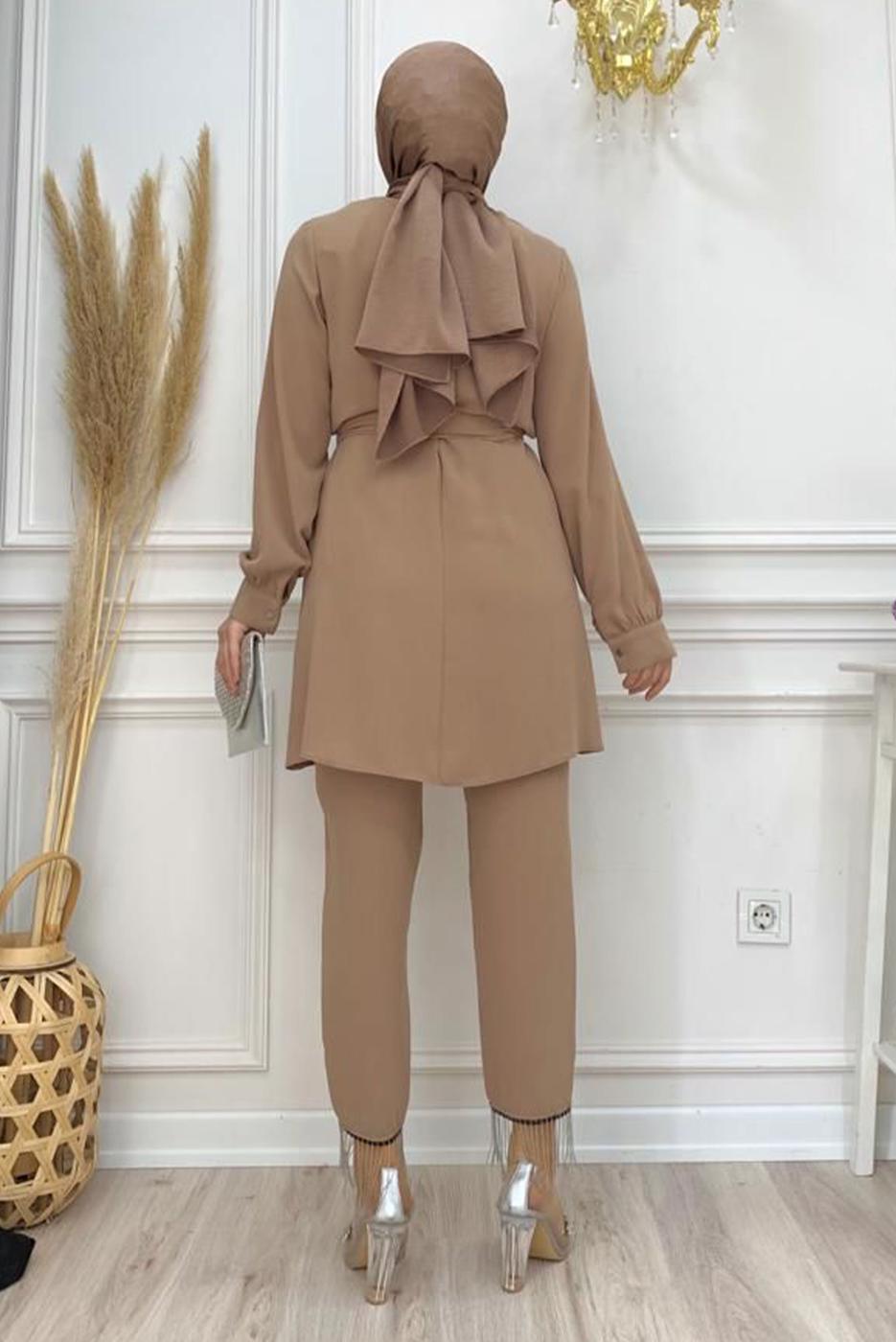 Tesettür giyim VİZON ZİNCİR DETAYLI PANTOLONLU TAKIM T 4248