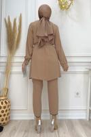 Tesettür giyim VİZON ZİNCİR DETAYLI PANTOLONLU TAKIM T 4248