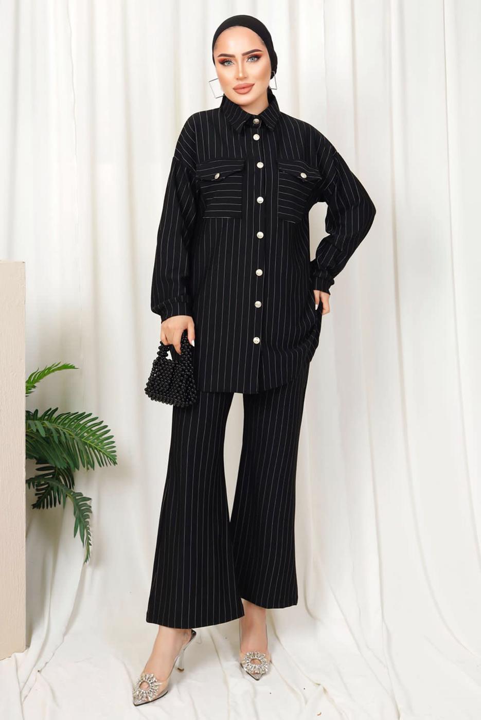 Tesettür giyim SİYAH ÇİZGİLİ DÜĞMELİ PANTOLONLU TAKIM T 4333
