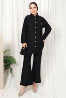 Tesettür giyim SİYAH ÇİZGİLİ DÜĞMELİ PANTOLONLU TAKIM T 4333