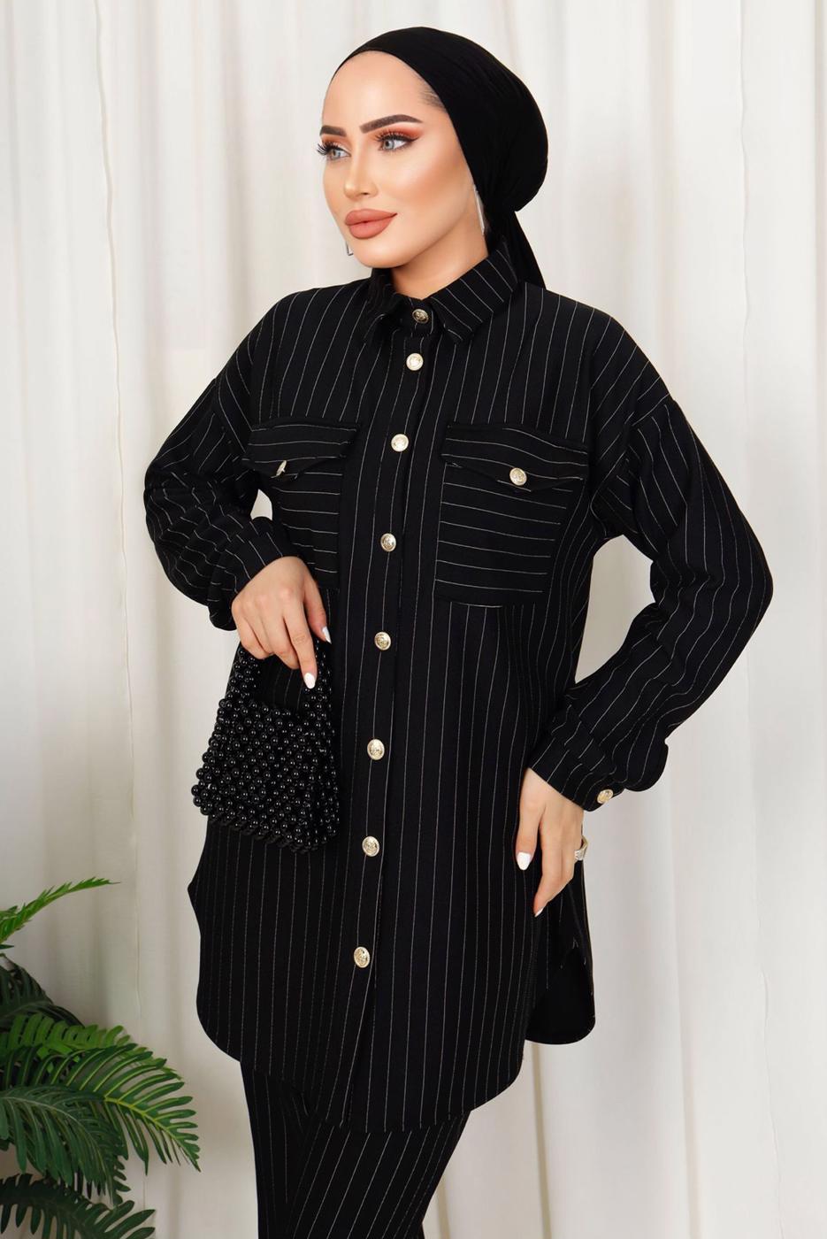Tesettür giyim SİYAH ÇİZGİLİ DÜĞMELİ PANTOLONLU TAKIM T 4333