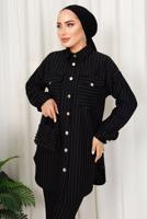 Tesettür giyim SİYAH ÇİZGİLİ DÜĞMELİ PANTOLONLU TAKIM T 4333