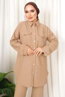 Tesettür giyim KAHVE ÇİZGİLİ DÜĞMELİ PANTOLONLU TAKIM T 4333