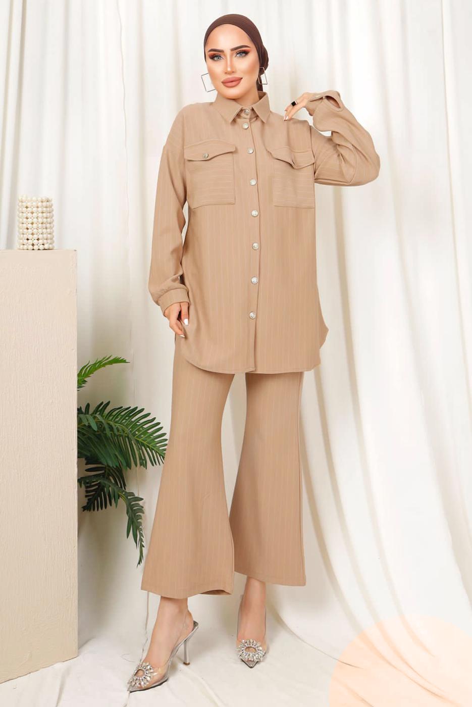 Tesettür giyim KAHVE ÇİZGİLİ DÜĞMELİ PANTOLONLU TAKIM T 4333